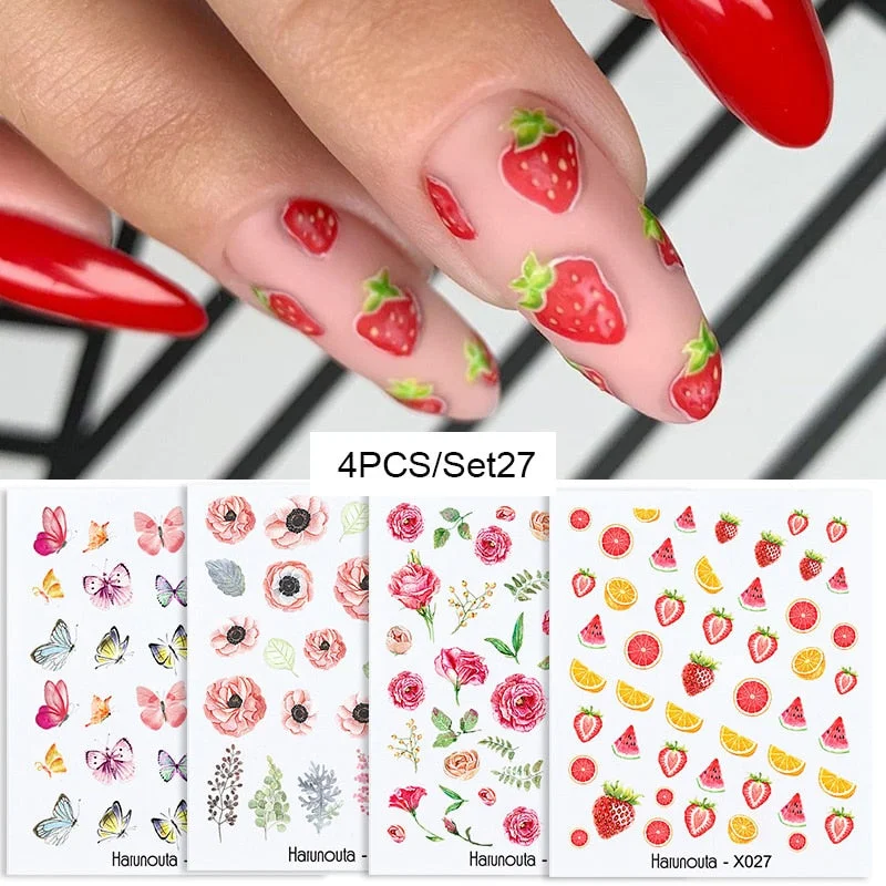 Harunouta 4Pcs Colorful Wave Leaf Flowers Water Decals Stickers Fruit Snake Designs Manicure Nail Art Decorations For Summer