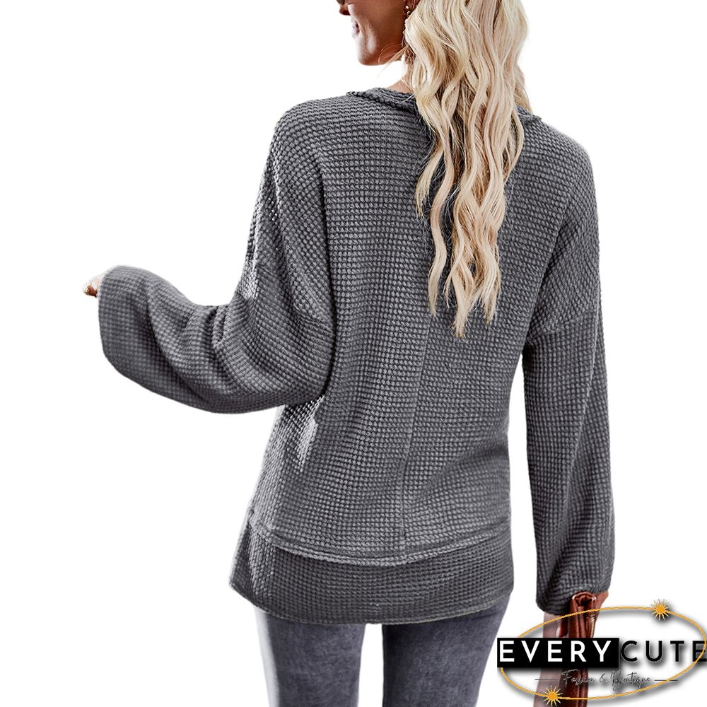 Gray V Neck Waffle Pocket Long Sleeve Tops