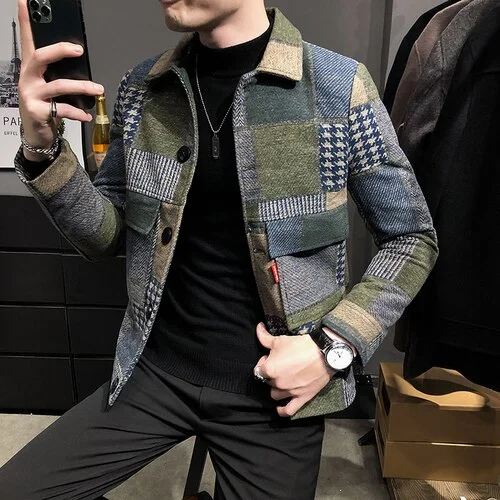 2023 Autumn and Winter Fashion New Men's Casual Lapel Hoodless Jacket / Male Slim Plaid Woolen Coat