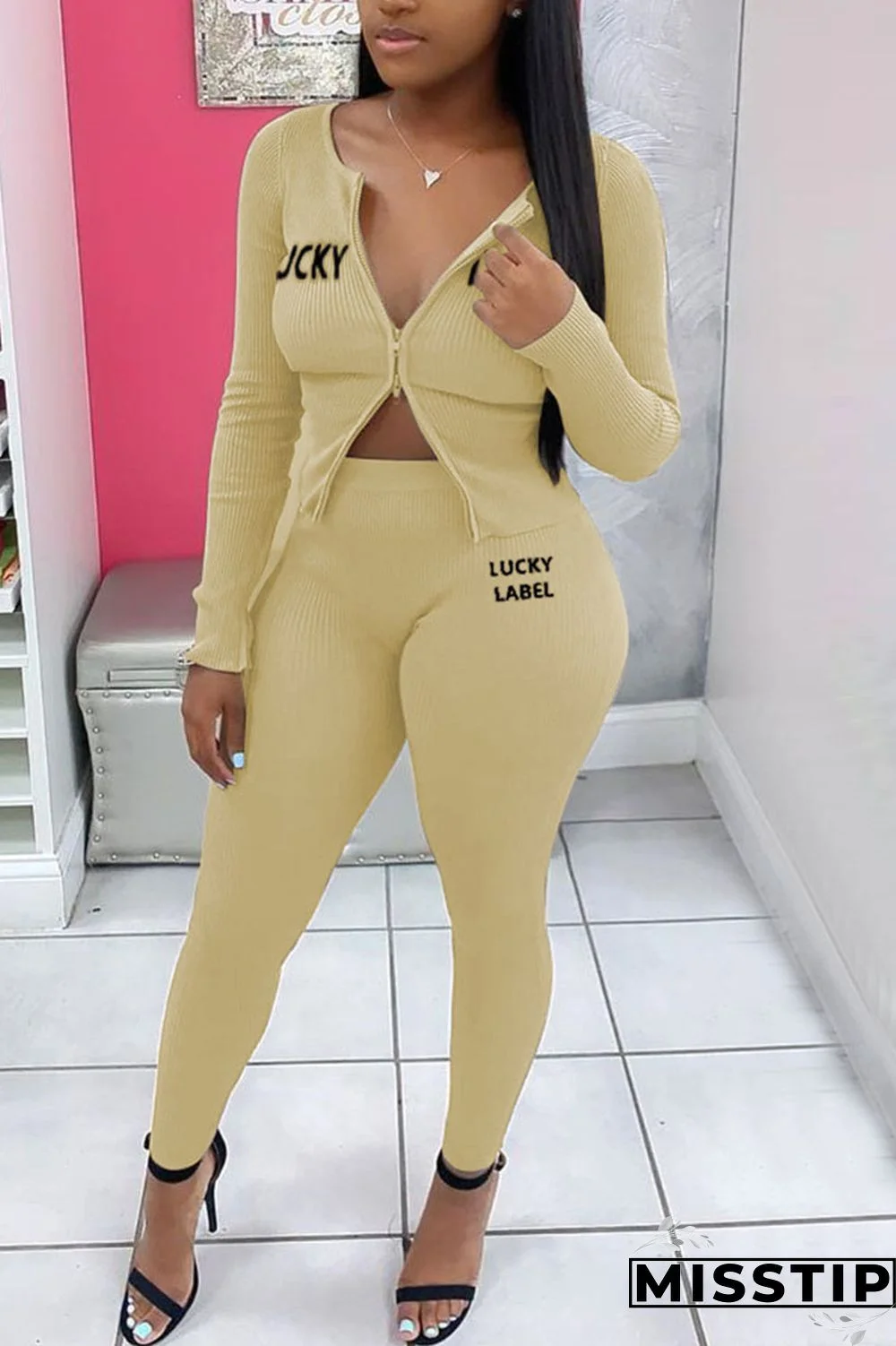 Coffee Casual Knitting Letter Patchwork Solid Embroidered Patchwork Cardigan Pants Basic Zipper Collar Long Sleeve Regular Sleeve Regular Two Pieces