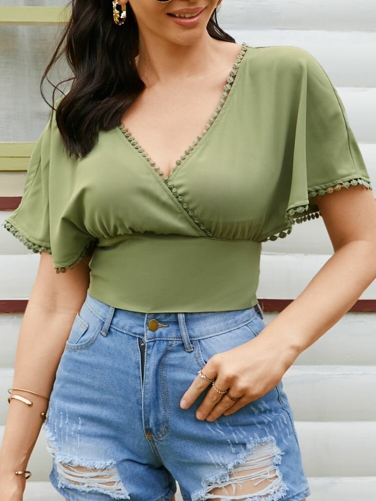Solid Color V neck Backless Knotted Short Sleeve Women Blouse P1854217