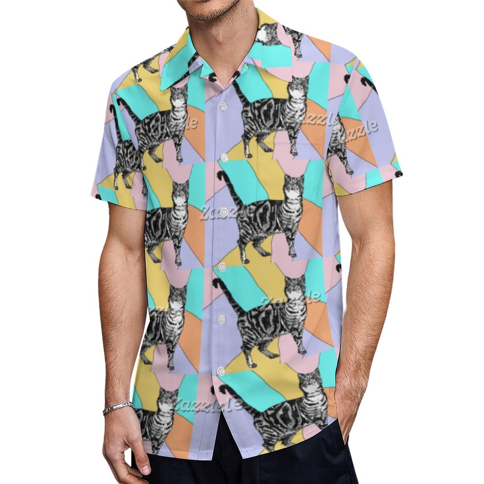 Tabby Cat Cool Animal Pastel Harelquin Hawaiian Shirt Mens Button Down Plus Size Tropical Hawaii Beach Shirts