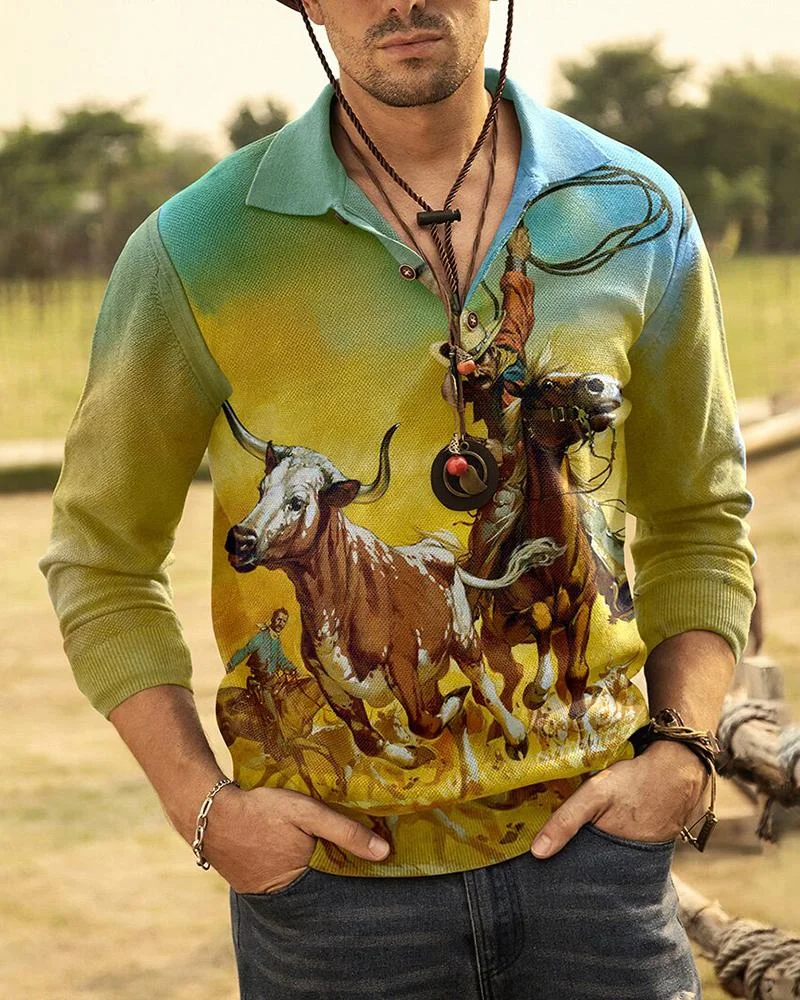 Men's Creative Graphic Contrast Retro Casual Polo Shirt01