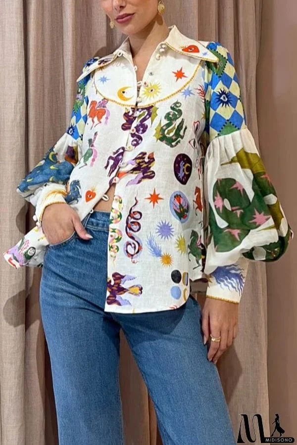 MidiSono - Love Frees Me Linen Blend Unique Print Balloon Sleeve Button Shirt