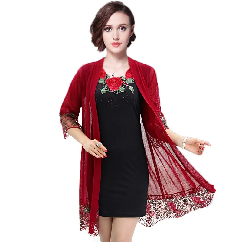 Set 2 Pieces Women Dress 2019 Summer Floral Embroidery Lady Dress Tunics Vestidos Robe Femme Red Black Gray XL~3XL 4XL Plus Size
