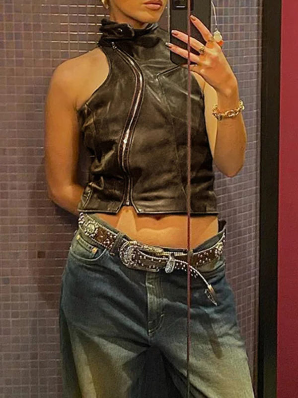 New Retro Asymmetric Motorcycle Style Leather Hot Girl Zipper Half Turtle Collar Vest Flusfy