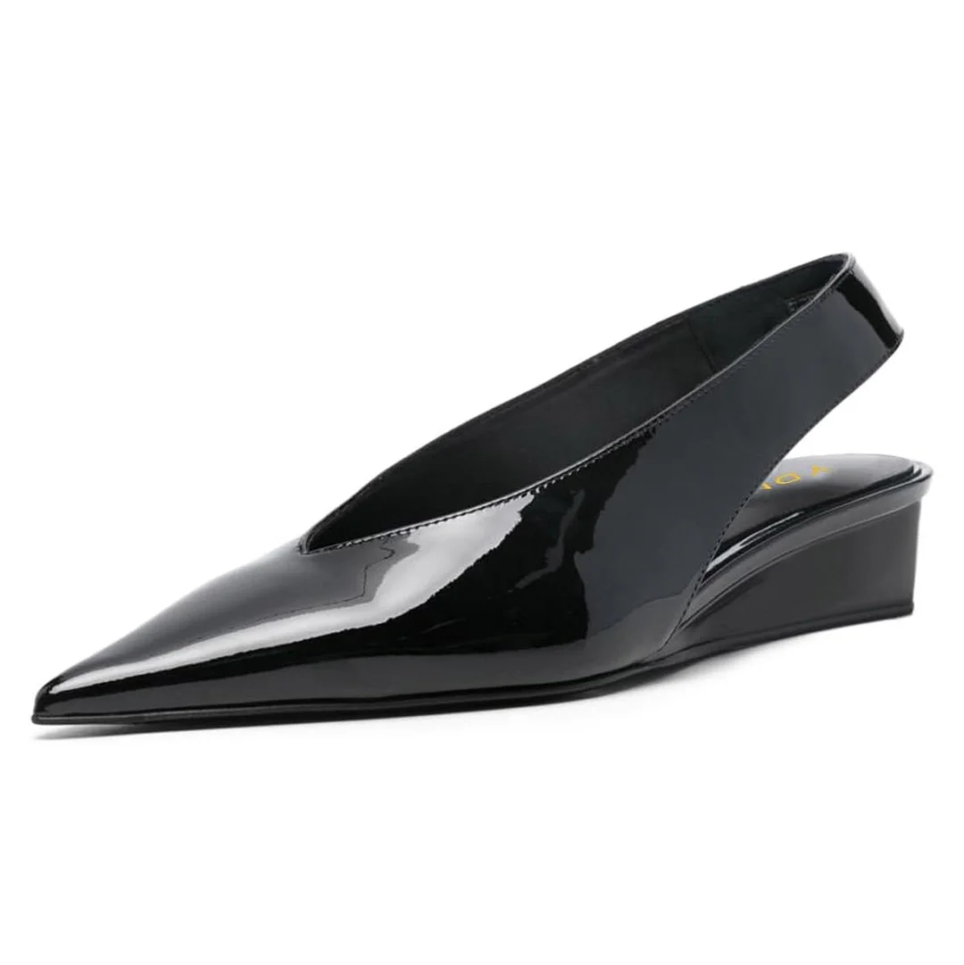 Black Patent Leather Pointed Toe Wedge Heel Slingback Pumps Shoes