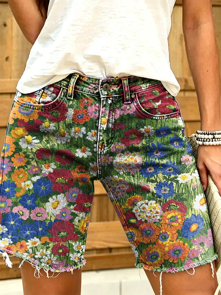 Ethnicity Bohemia Colorful Flowers Women's Art Print Casual Denim Shorts