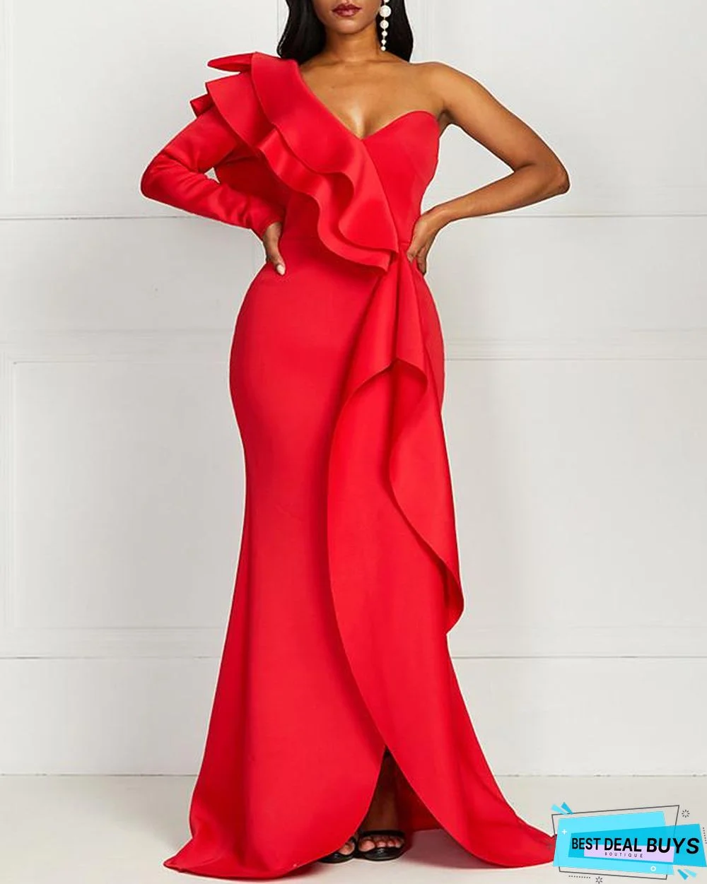 Women's Sheath Dress Maxi Long Dress Red Long Sleeve Solid Color Ruched Ruffle Zipper Winter Elegant