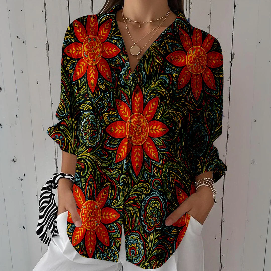 Style & Comfort for Mature Women Women Retro, Orange, Black DZCL0125 3/4 Sleeve Shirt Collar Printed Button Tops