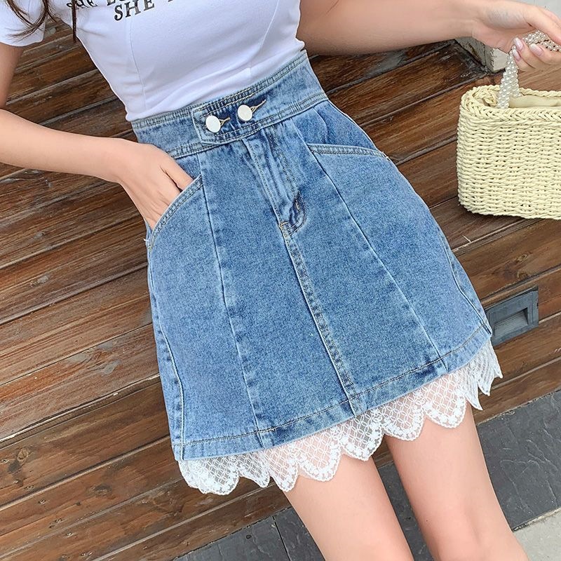 Lace-Hem Denim A-Line Mini Skirt