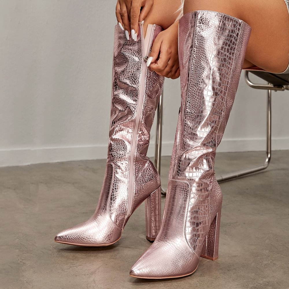 Champagne Crocodile Leather Boots Pointed Toe Chunky Heel Boots Nicepairs
