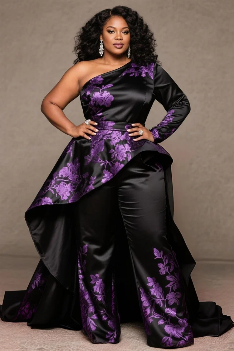 Xpluswear Design Plus Size Formal Purple Floral One Shoulder Long Sleeve With Skirt Overlay Elegant Pocket Satin Two Piece Pant Sets [Pre-Order] 2024 - Xpluswear