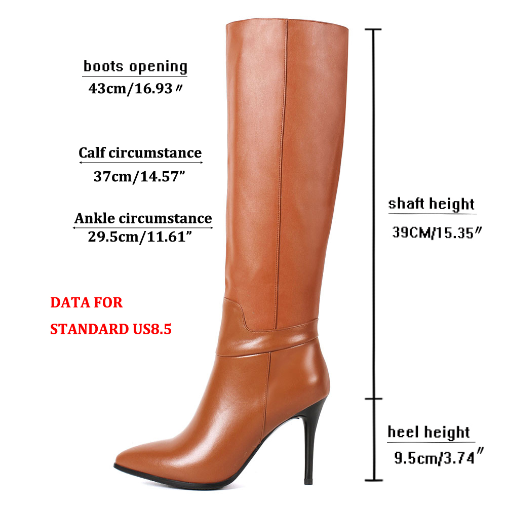 9.5cm Zipper Leather Mid Heels Knee Boots Brown-MERUMOTE