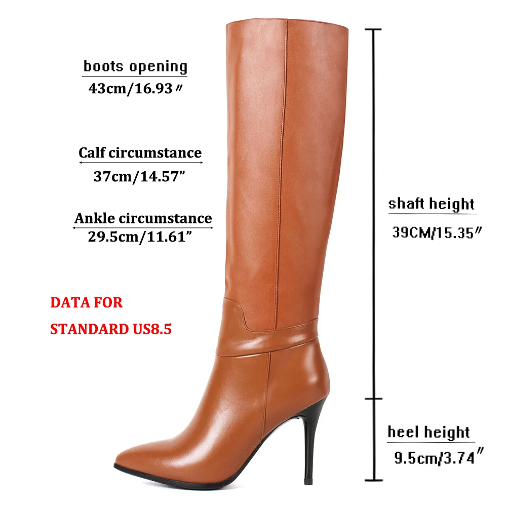 9.5cm Zipper Leather Mid Heels Knee Boots Brown-MERUMOTE