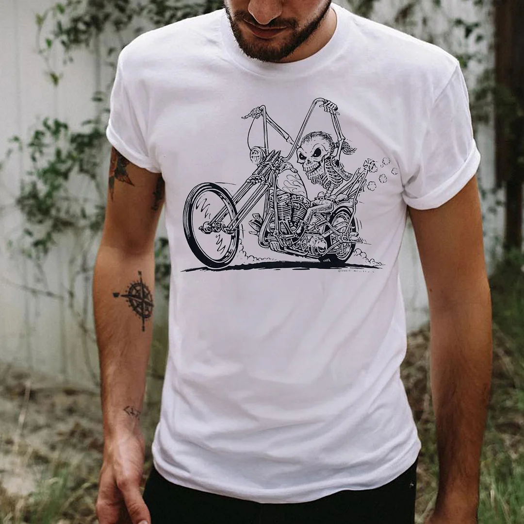 Death Knight skeleton man & Motorcycle White Print T-shirt