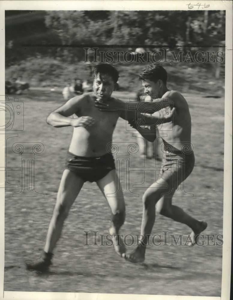 Press Photo Poster painting Men Play Stickball - mjt20951