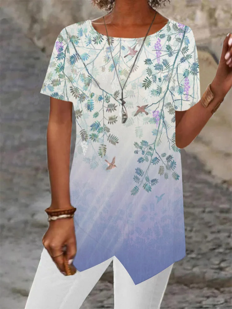 Women Asymmetrical Short Sleeve Scoop Neck Floral Printed Top