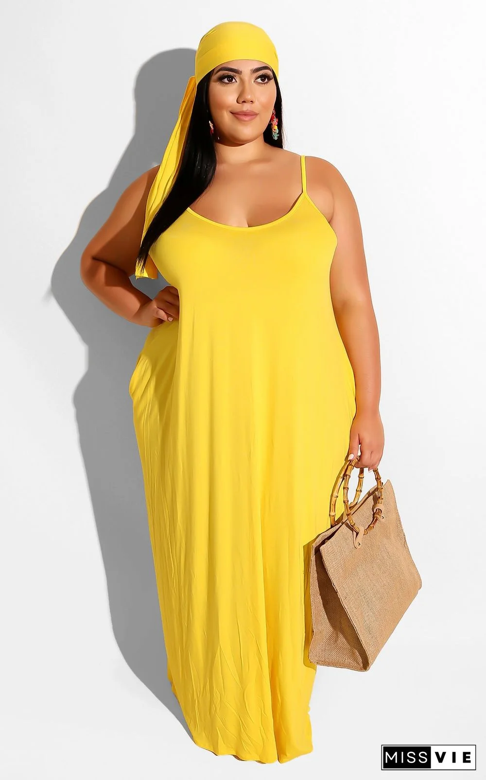 Solid Sling Loose Sashes Plus Size Maxi Dress