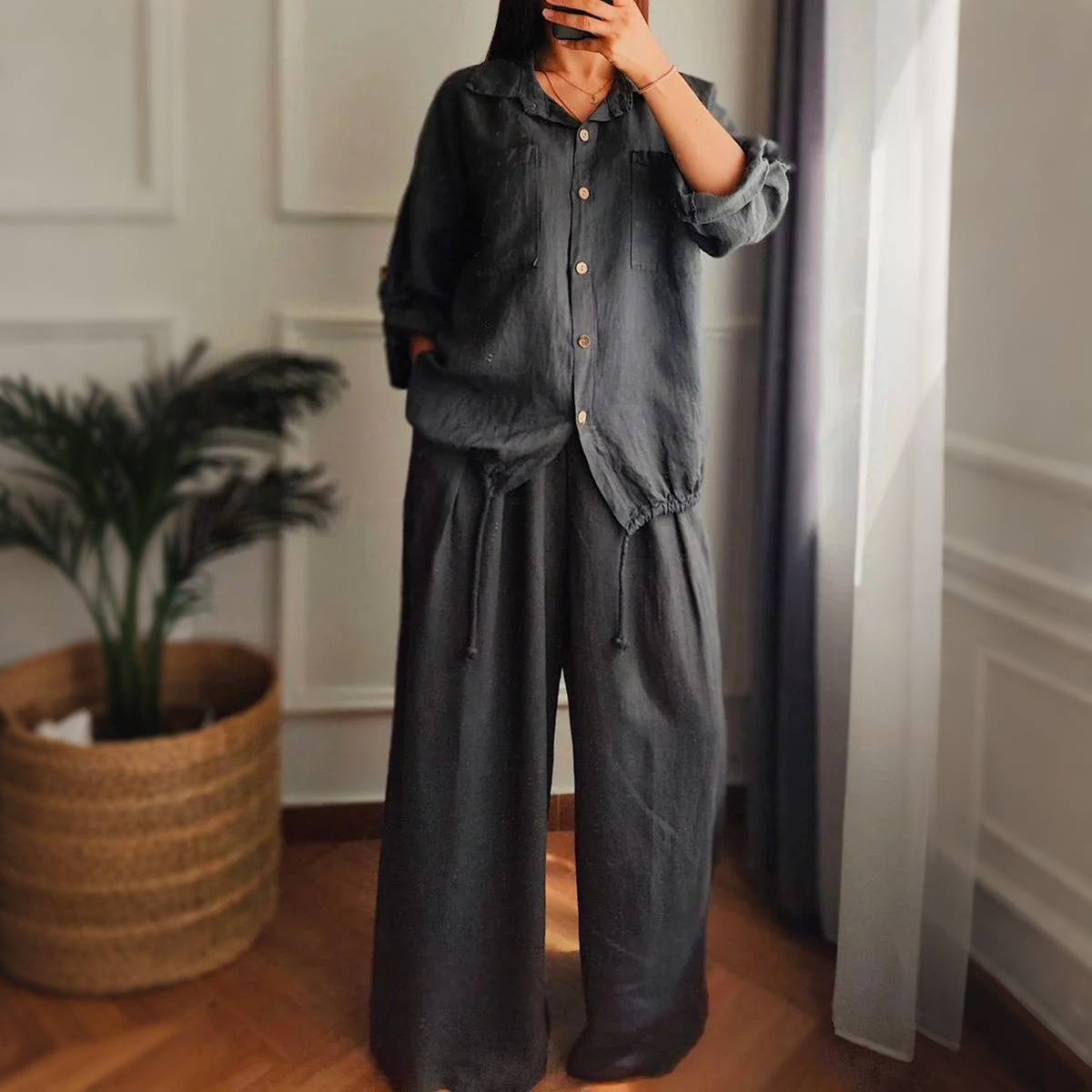 Casual Loose Linen Solid Color Shirt Wide-leg Pants Two-piece Set elevenforest
