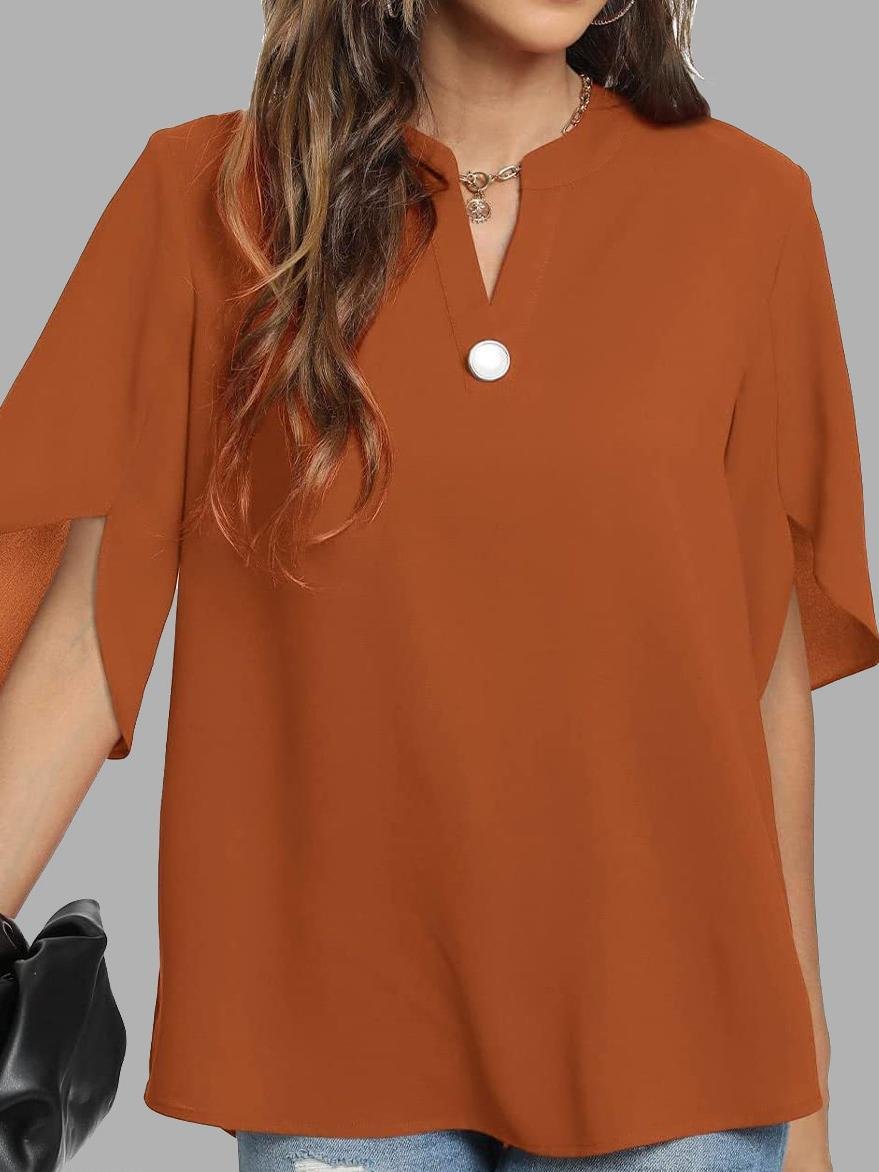 Casual Solid Color Button V-Neck Short Sleeve Blouse