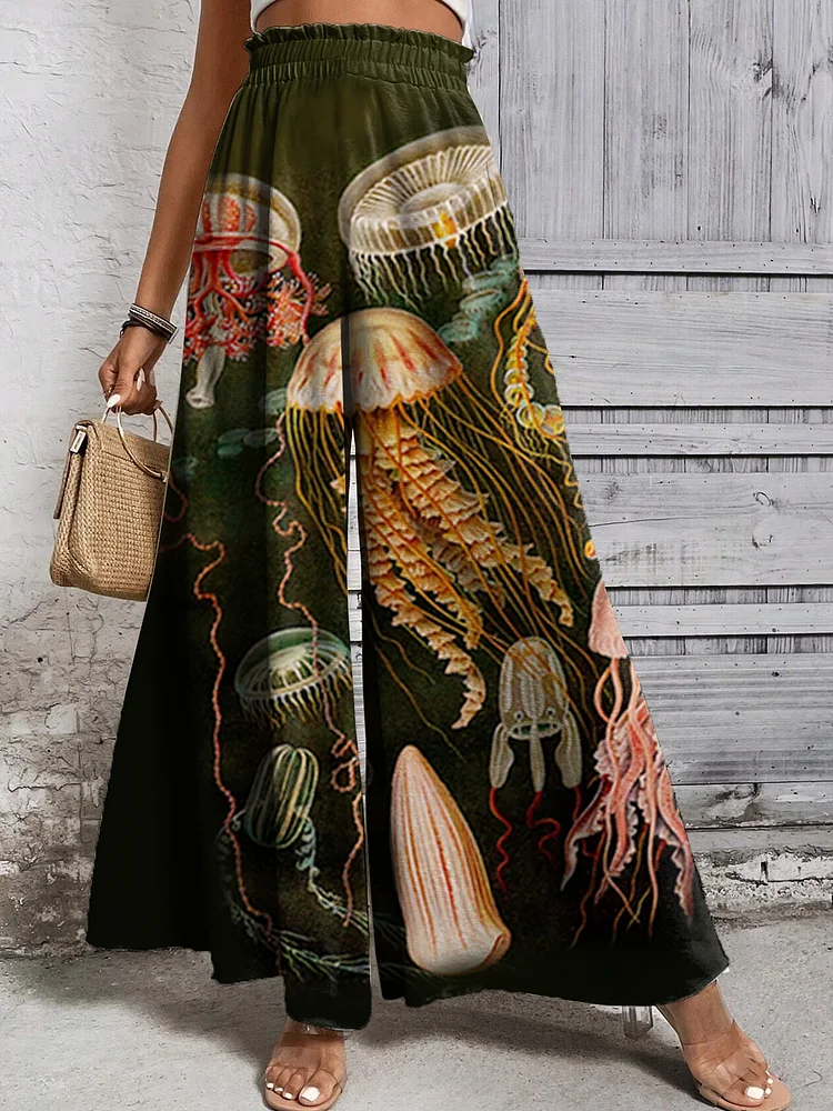 Women's Retro Jellyfish Marine Flowing Art Print Elastic Waist Pants