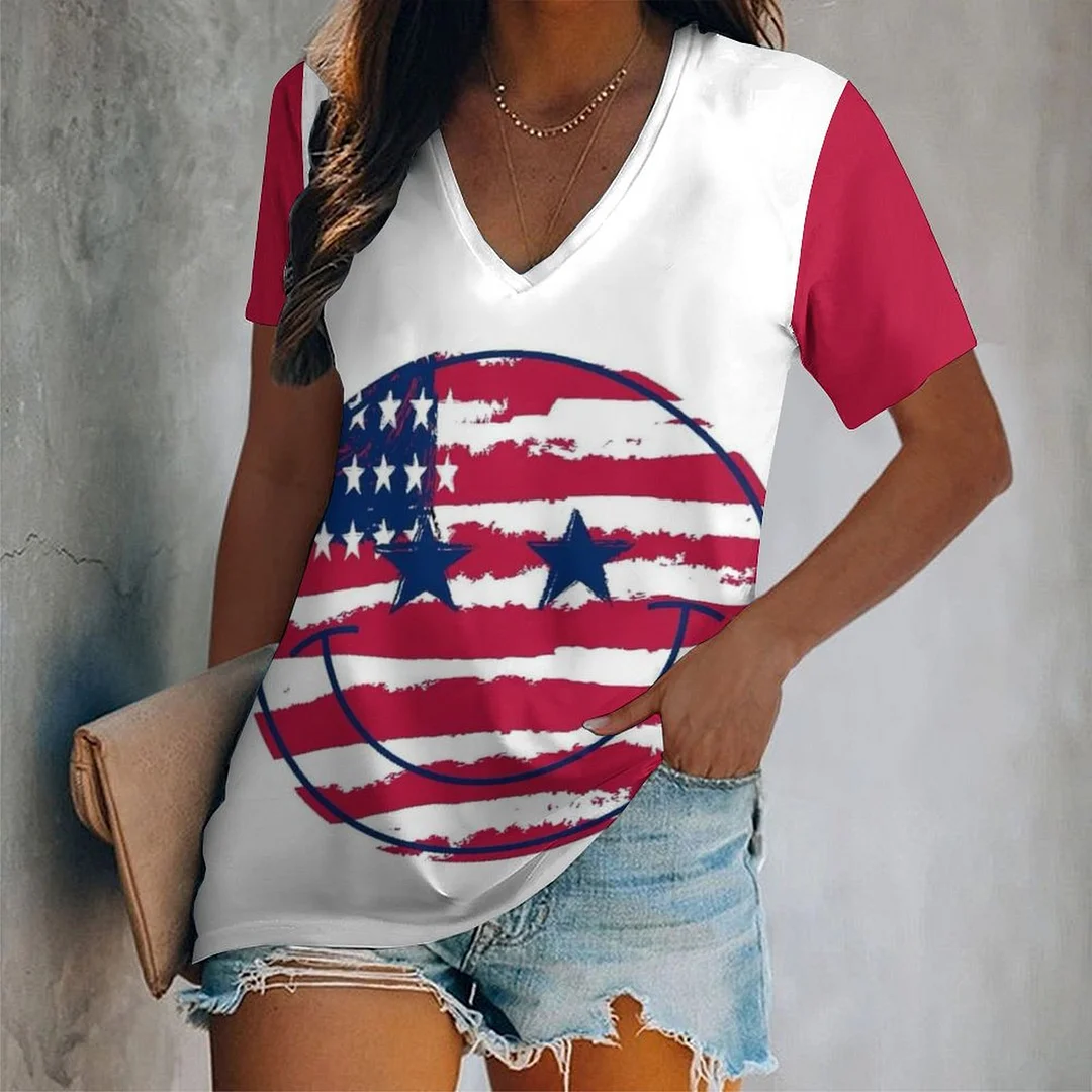 V-neck Short Sleeve Casual T-shirt for  Women Printed with Pattern USA, Independence Day, Star, Striped, Blue, Red