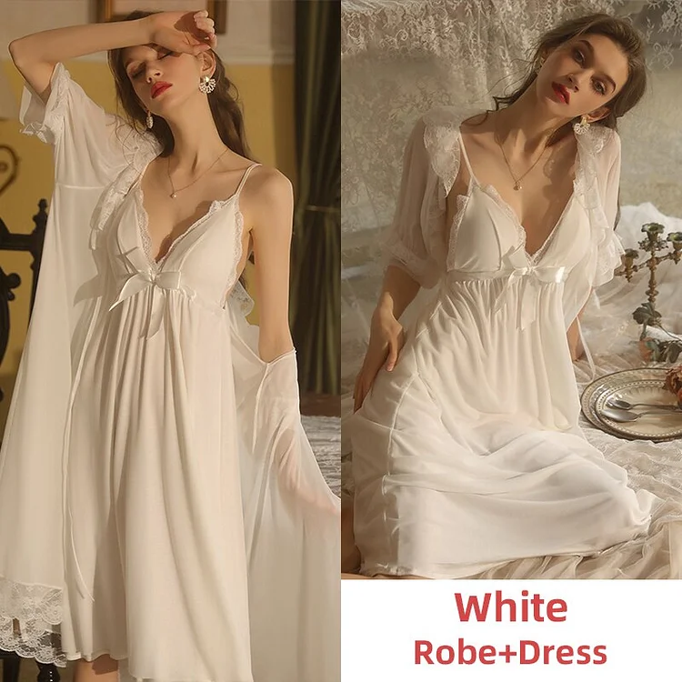 Women Sexy Pajamas Sets Victorian Night Dress Sleepwear Camisolas Robe Set Lace Homewear Lingerie See Through Nightgown