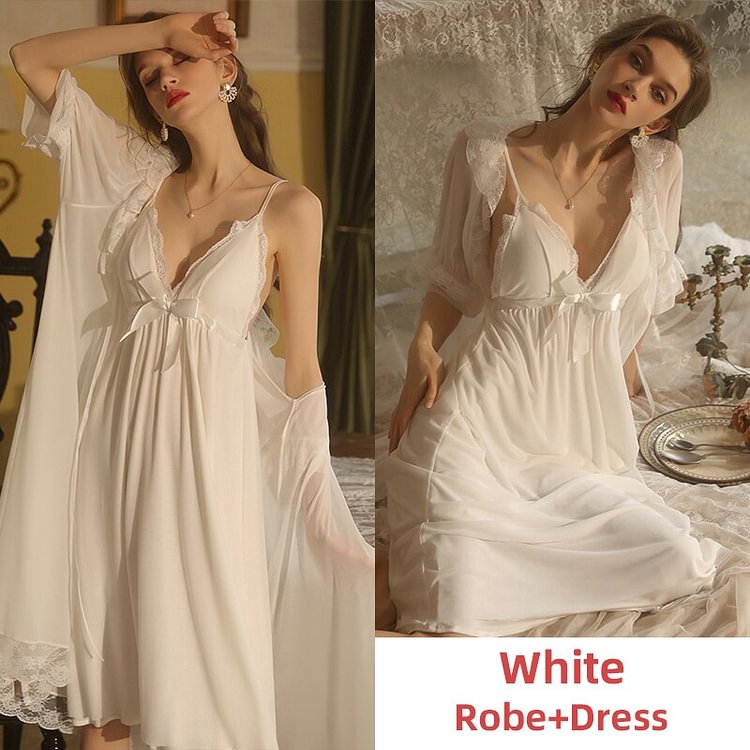 Women Sexy Pajamas Sets Victorian Night Dress Sleepwear Camisolas Robe Set Lace Homewear Lingerie See Through Nightgown 