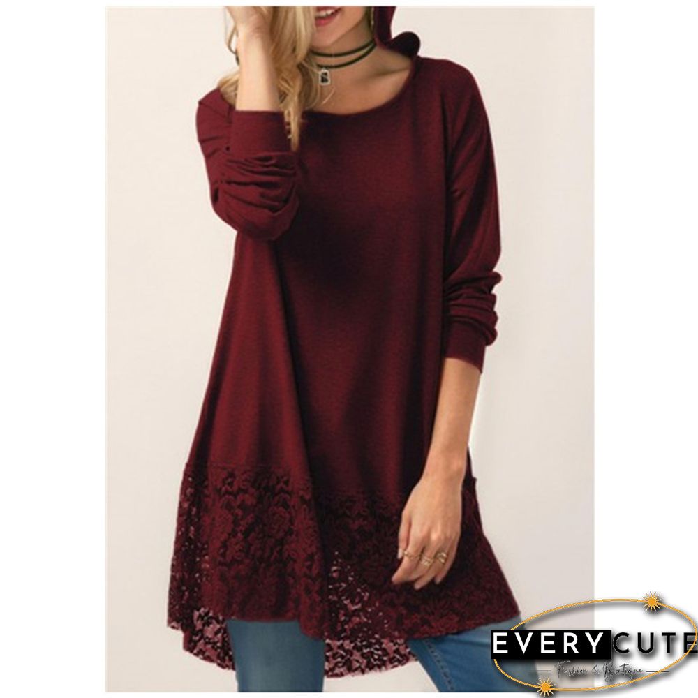 Women Fashion Solid Color Hoodies Long Sleeved T-shirt Autumn Lace Hooded Sweater Plus Size