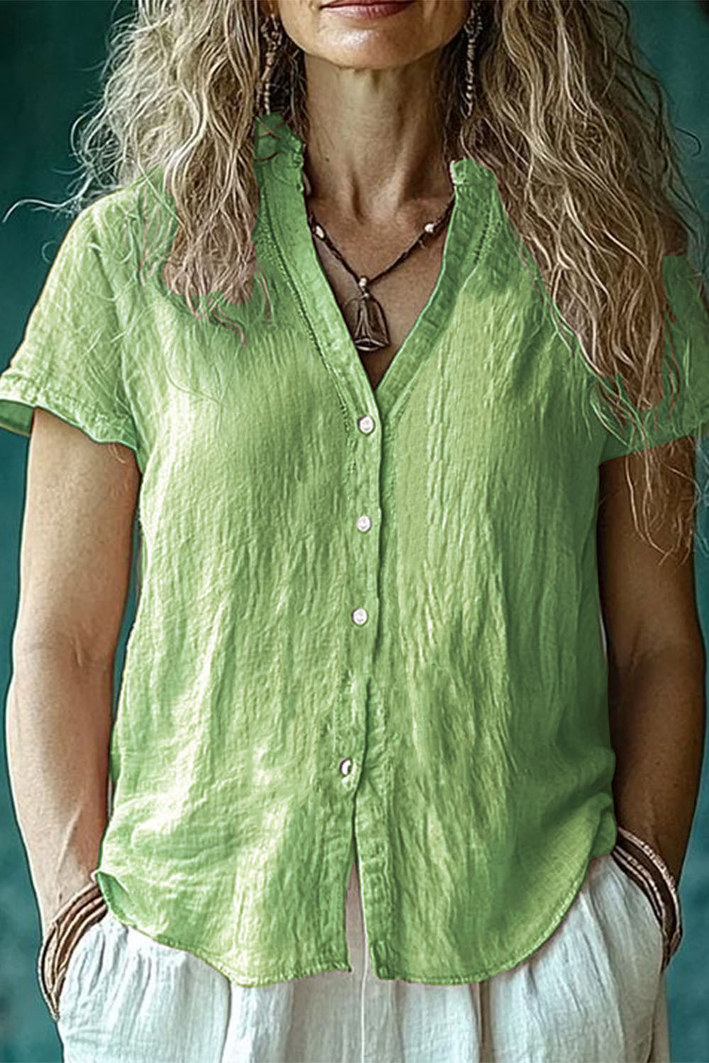 Plus Size Everyday Light Green Cotton And Linen Button Short Sleeve Blouse 2024 - Flycurvy 