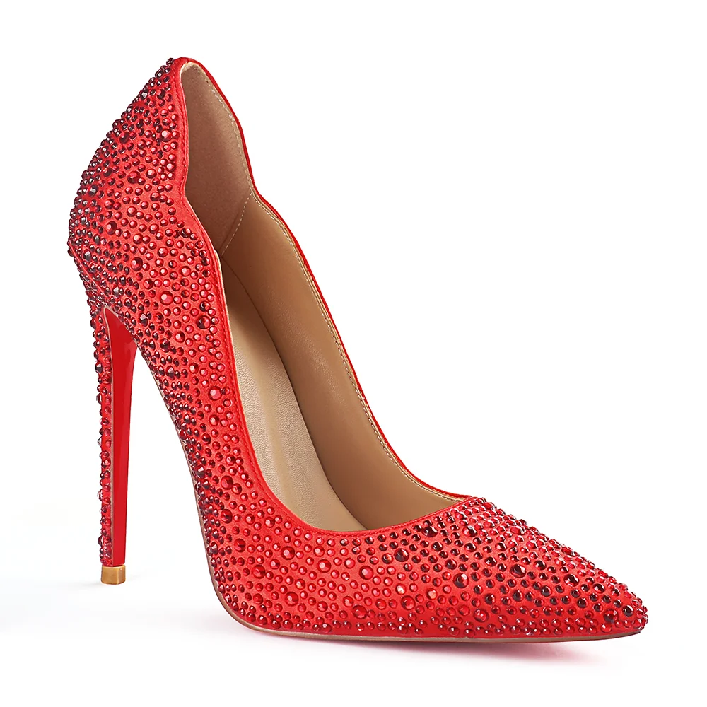 100mm/120mm Women's High Heels Party Wedding Stilettos Patent Red Bottom Rhinestone Pumps-MERUMOTE