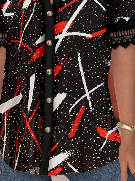 Women Short Sleeve V-neck Polka Dot Printed Graphic Lace Hollow Stitching Button Tops