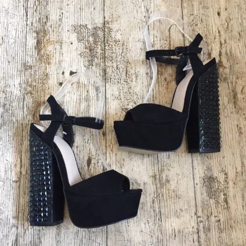 Custom Made Peep Toe Vegan Suede Chunky Heel Platform Sandals in Black |FSJ Shoes