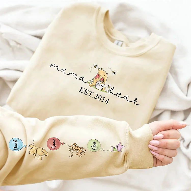 Custom Mama Bear Sweatshirt, Mama Est with Kid Name on Sleeve Sweatshirt, Mother‘s Day Gift, Custom Year Of Birth Sweatshirt