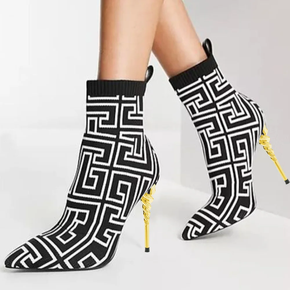 Black White Colorblock Striped Boots With Pointed Toe Decorative Heels Nicepairs