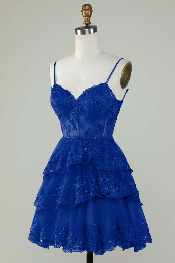 Daisda Navy Blue Sequins Spaghetti Strap Sleeveless Short Homecoming Dress with Beadings