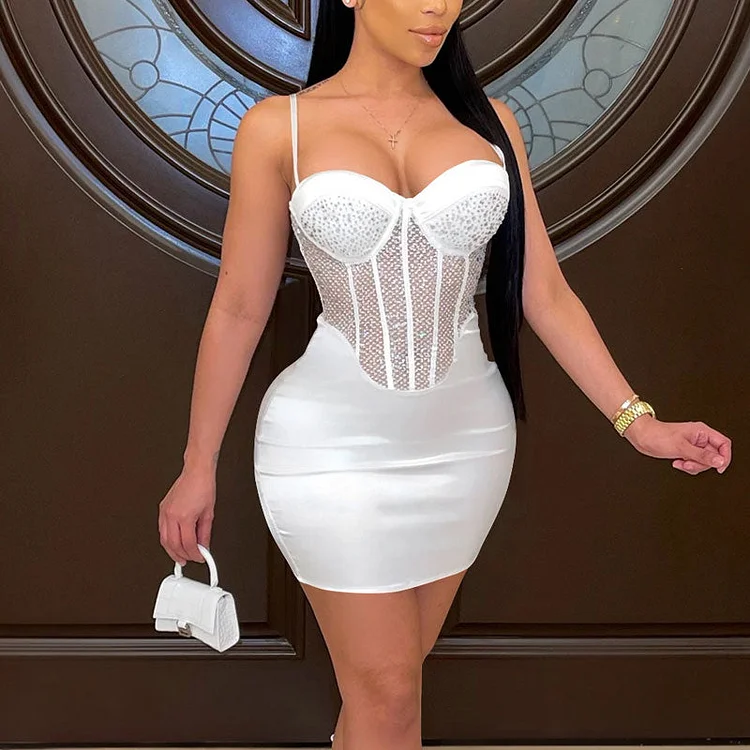 Rhinestone Sheer Mesh Patchwork Party Dress - IRBOOM Fashion Clothing