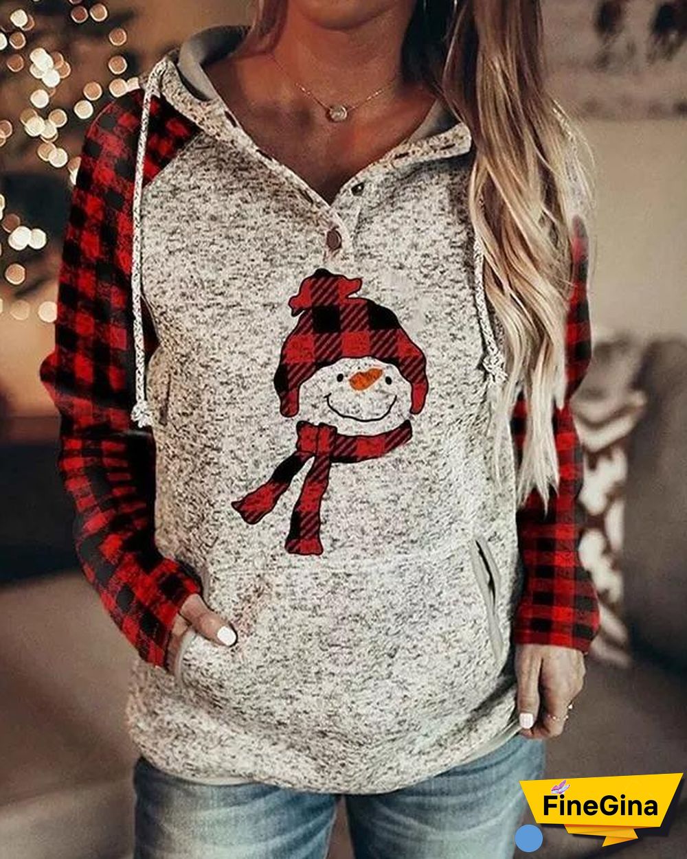 Red and Black Plaid Snowman Buttoned Long Sleeve Sweatshirt