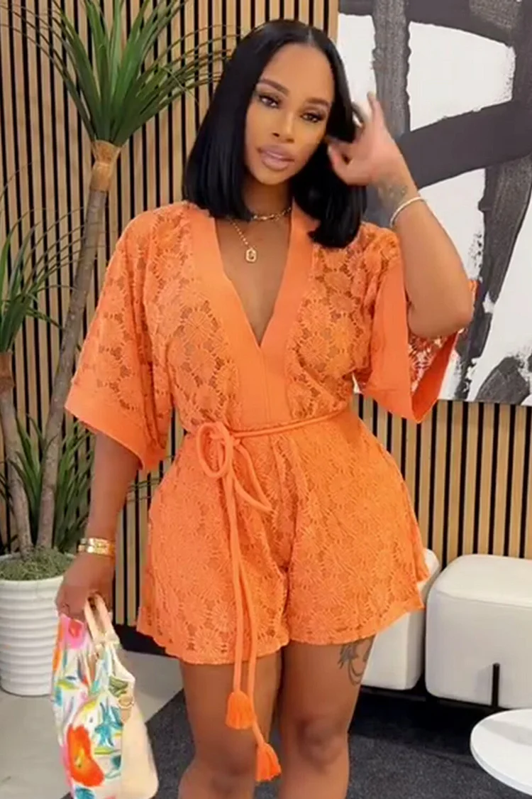 Half Sleeve V Neck Guipure Lace Wide Leg Romper Playsuit-Orange [Pre Order]