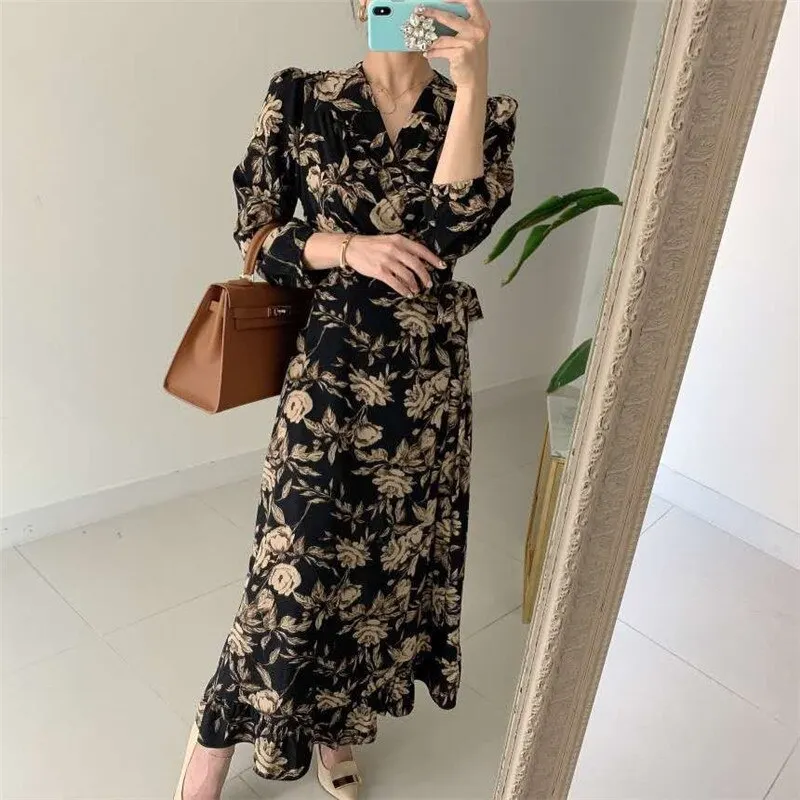 Retro Chic Floral Print Elegant Long Dress Outgoing Spring Womens All-Match Sweet