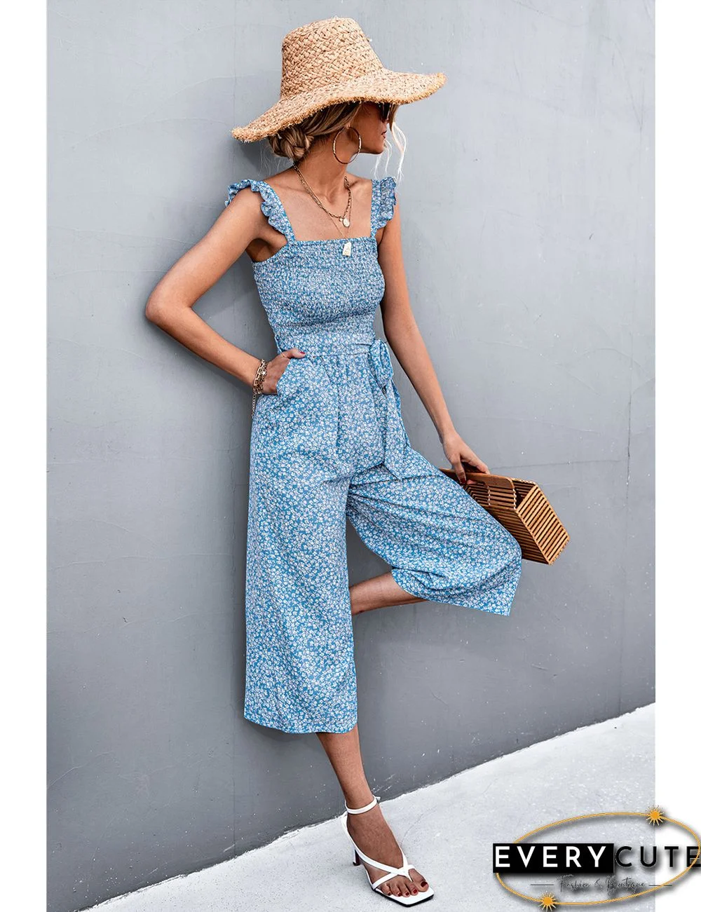 Light Blue Floral Print Pocket Wide Leg Jumpsuit