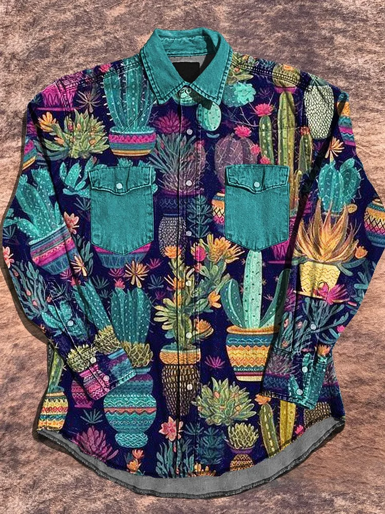 Vintage Western Cactus Art Print Casual Shirt