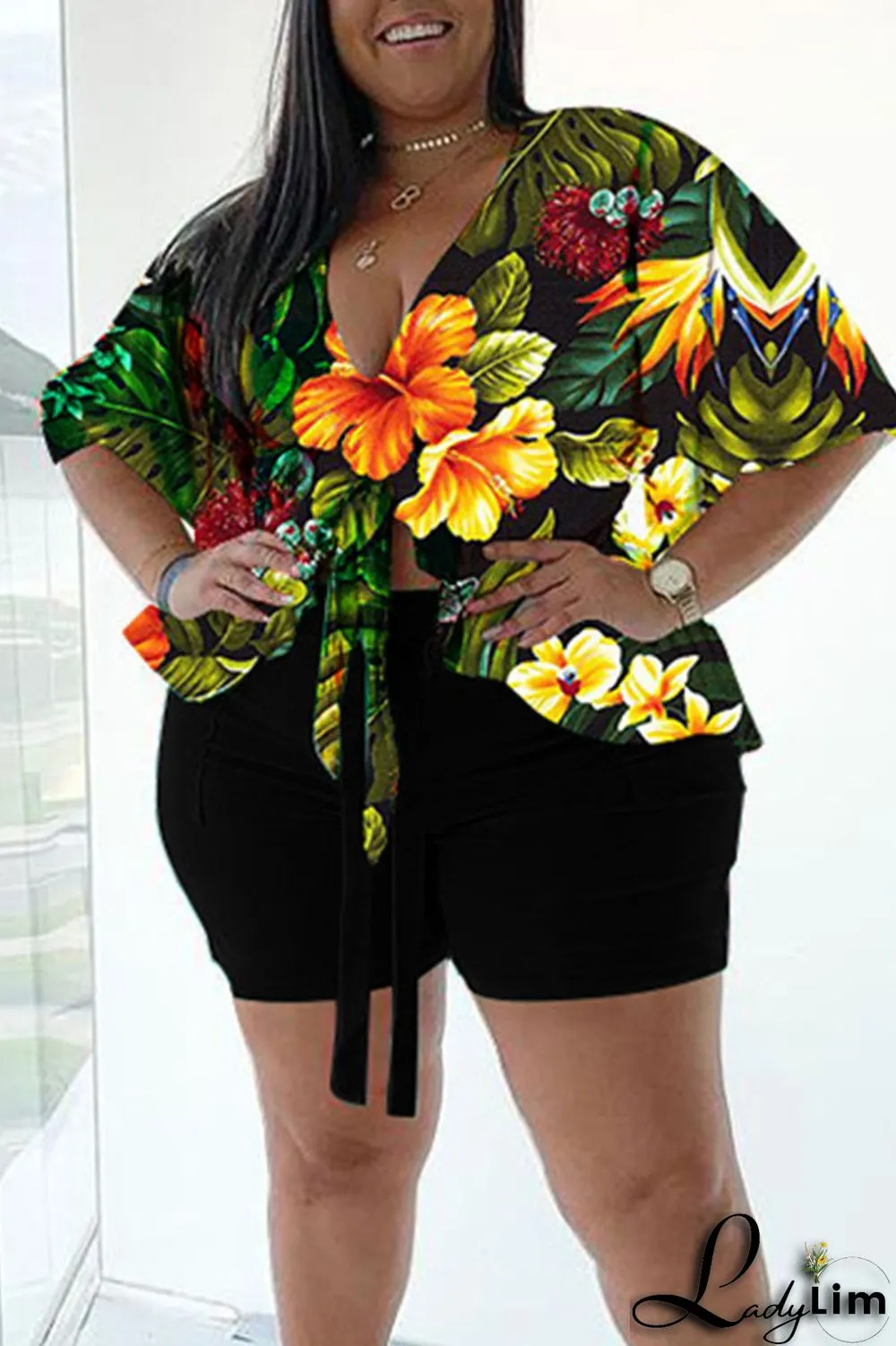 Green Casual Print Bandage Split Joint V Neck Plus Size Two Pieces