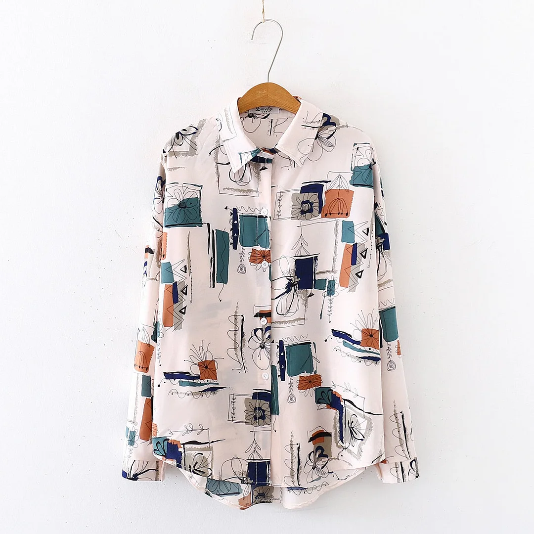 2020 Summer New Women Painting Print Chiffon Blouse Autumn Long Sleeve Black Shirt Vintage Oversize Tops Casual Feminina Blusa T