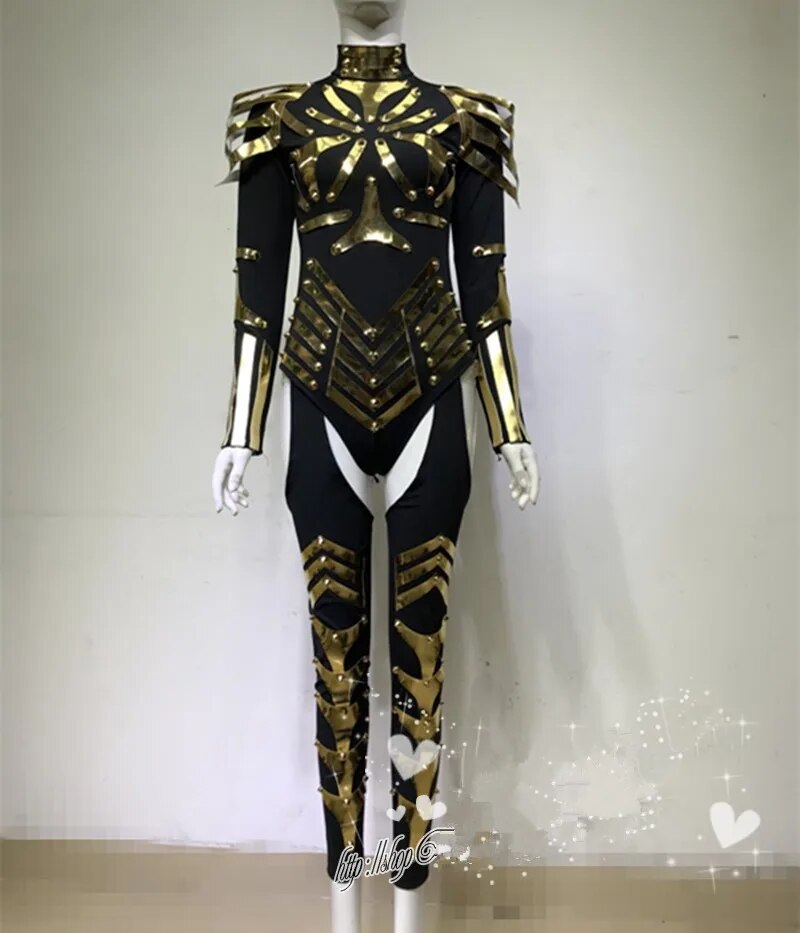 VCSHOES Gold Mirror Armor Jumpsuit Female Warrior Soldier Role-playing Performance Clothes DJ Nightclub Dance Team Stage Cosplay Costume