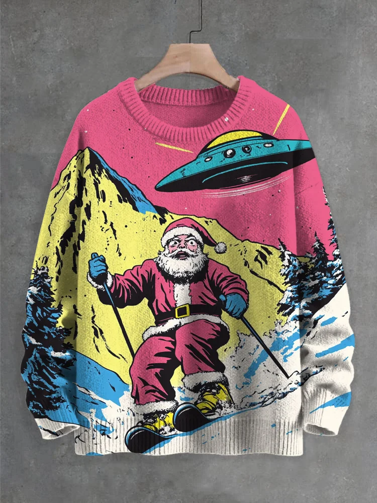 Men's Christmas Santa Skiing UFO Vintage Print Knit Sweatshirt