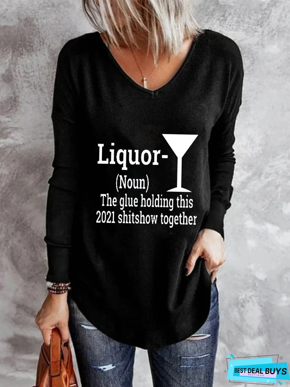 Casual Long Sleeve V Neck Printed Top Tunic T-Shirt