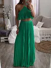 Stylish Condole Belt Pleated Halterneck Two Pieces Set