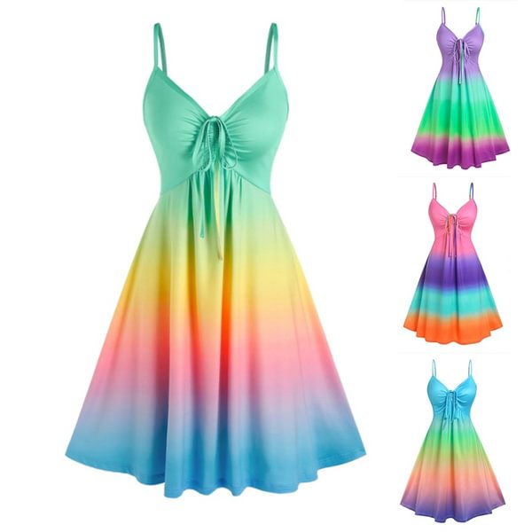 New Arrival Women's Fashion Rainbow Color Gradient Slip Dress Summer Casual Sling Dresses Plus Size Ladies Sleeveless Dress - BlackFridayBuys